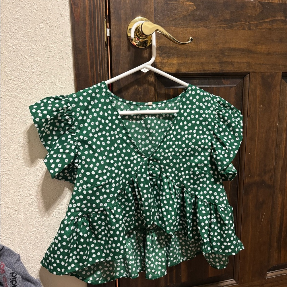 Green Floral Ruffle Blouse